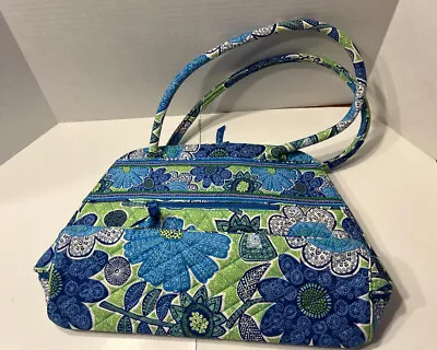 Vera Bradley Doodle Daisy Bowler Bag Blue/Green Satchel Large Purse GUC • $22.45