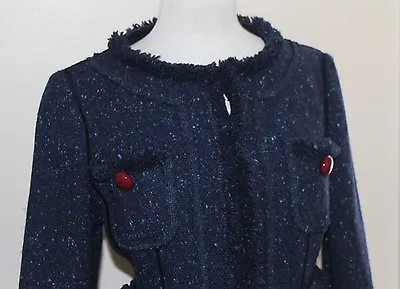 Moschino Cheap & Chic Sz 10 Navy Blue Tweed Fringed Cropped Pocket Jacket Blazer • $196