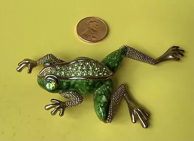 Vintage Costume 3-1/2” RHINESTONE VARIEGATED ENAMELED FROG BROOCH PIN  Lg Eyes • $22