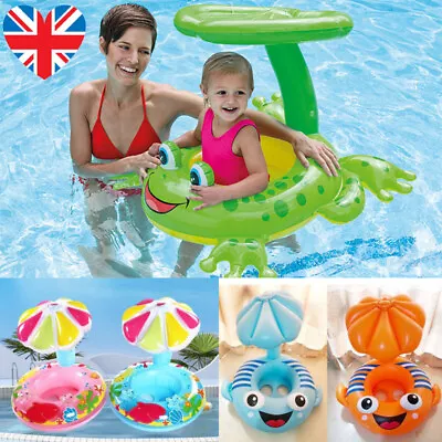 Baby Swimming Ring With Sun Canopy Inflatable Toddler Float Swim Seat Aid Toys • £6.99