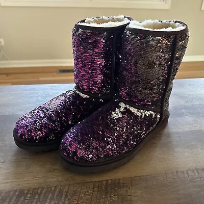 UGG Classic Short Stellar Purple/Silver/Copper Sequins Boots Size 10 • $69.95