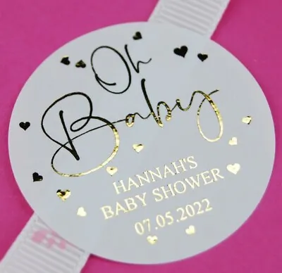Personalised 'OH BABY' Baby Shower Favour Stickers Gold Pink Blue Foil. • £4.99