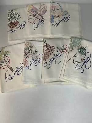 VTG 7 DAYS OF THE WEEK EMBROIDERED FLOUR SACK DISH TOWELS 27 X 36 • $7.84