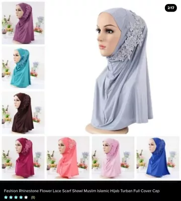 Fashion Rhinestone Flower Lace Scarf Shawl Muslim Islamic Hijab Ready To Wear • £10.99