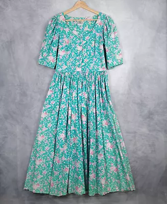 Vntg Laura Ashley Maxi Dress Womens 10 Teal Floral Puff Sleeve Garden Tea Party • $98.77