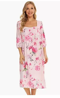 Red Flowers On Pink Nightgown For Women Moomoo House Dress Print Duster Housecoa • $16.99