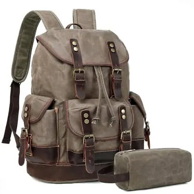  Leather Backpack For Men Waxed Canvas Vintage Backpack Rucksack For Business  • $89.60