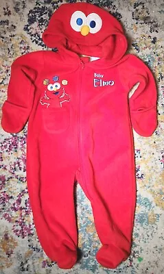 Vintage Elmo Hooded Pajamas Bodysuit 3-6 Months Red Fleece Zip Up Sesame Street • $14.99