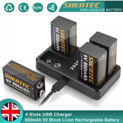 9Volt Block PP3 Lthium Li-ion 9V Rechargeable Battery / USB Fast Battery Charger • £48.95