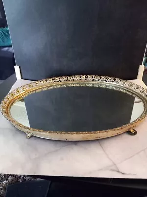 Vintage Gold Filigree Oval Mirrored Vanity Dresser Tray 9 X14”. Dresser Mirror • $9.99