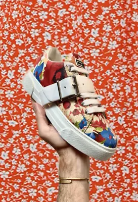 MIU MIU White Multicolor Floral Print Strap Buckle Leather Trainer Sneaker 37/7 • $225