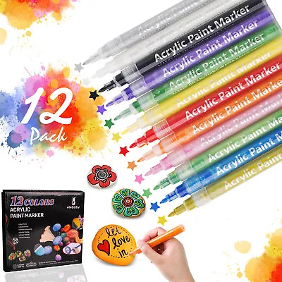 12 Pack Acrylic Paint Marker Pens Set For Rock Painting Stone Ceramic Glass Wood • £7.99