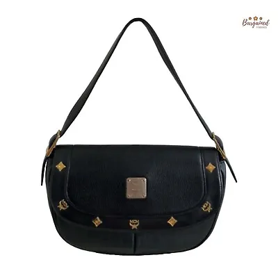 Authentic MCM Vintage Black Pebbled Leather Studded Logo Motifs Shoulder Bag • $175