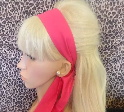 PLAIN BRIGHT PINK COTTON FABRIC HEAD SCARF HAIR BAND SELF TIE BOW 50s 60s STYLE • £4.99