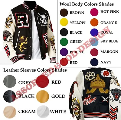 Varsity Baseball Bomber Letterman Jacket Genuine Cowhide Leather Sleeves Custom • $285.99