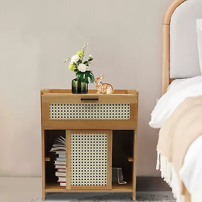 Bamboo Rattan Nightstand Boho Bedside End Table W/ Drawer & Wood Leg For Bedroom • $54