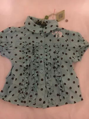 Oilily Blouse Age 4-5 Size 104 Turquoise With Brown Polka Dots Short Sleeves • £11