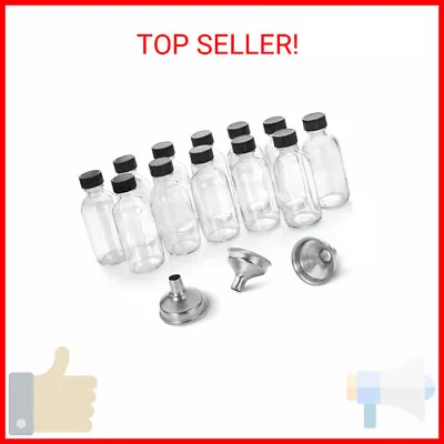 12 Pack 2 Oz Small Clear Glass Bottles With Lids & 3 Stainless Steel Funnels - • $14.61