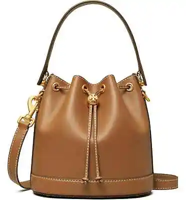 Tory Burch T Monogram Handbag Crossbody Leather Bucket Bag Moose Brown • $284.99