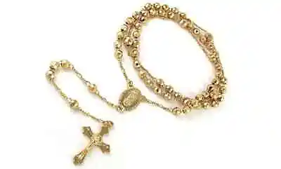 18K Gold Plated 24  Diamond Cut  Rosary Jesus Cross Charm Necklace • $9.99