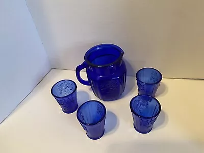 Anchor Hocking Glass Cobalt Blue Mayfair Open Rose 5 Piece Pitcher Set 1999 • $42