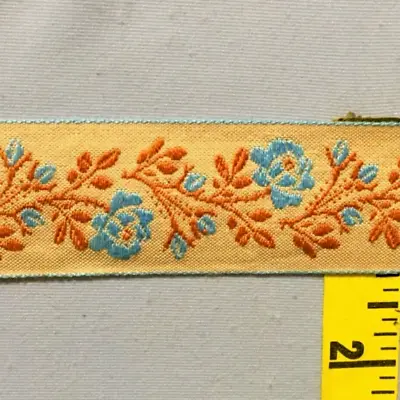 Jacquard Ribbon Embroidered Floral Trim 1-3/8  Beige Blue Orange 5 Yds #RB62 • $12.95