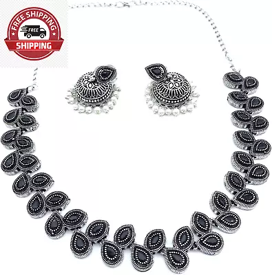 Pure German Silver Oxidized Plated Stone Choker Chain Necklace With Jhumka Earri • $132.12