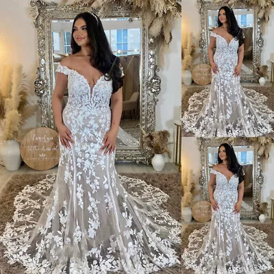 Plus Size Mermaid Wedding Dresses Off Shoulder Lace Applique Bridal Gowns Train  • $130