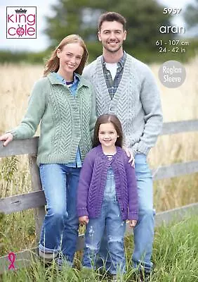 King Cole 5957 Knitting Pattern Family Raglan Cable Cardigans In Wool Aran • £4.59