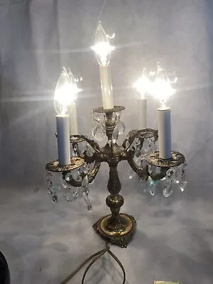 Vintage Electric Brass Table Candelabra Glass Crystal Prisms Table Lamp Antique • $235