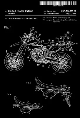 2010 - Kawasaki Dirt Bike - Motorcycle Rear Fender - Ichihara Patent Art Poster • $9.99