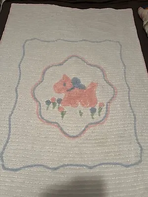 Vintage Antique Chenille Bedspread Baby Blanket Puppy Bow Size 63” X 39” Perfect • $35