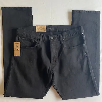 Polo Ralph Lauren Varick Slim Straight Jeans Mens 38x32 Black Cow Leather Patch • $67.50