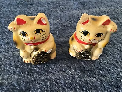 Japanese Maneki Neko Vintage Porcelain Beckoning Hand Up Lucky Cat Figurines (2) • $19