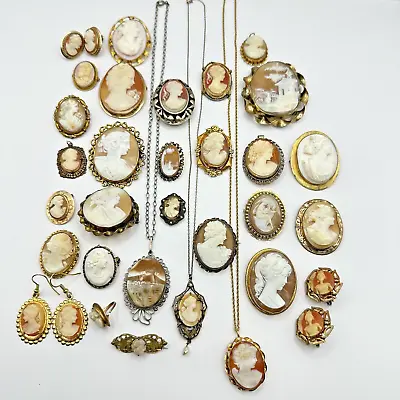 Antique & Vintage Cameo Lot Victorian 800 Silver & Gold Filled Scenic Pearl 31pc • $749.99