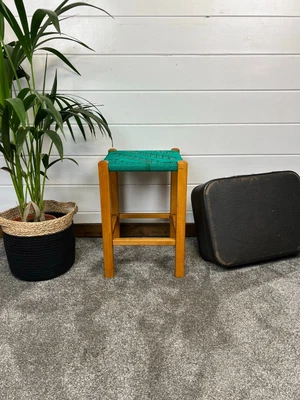 £40 • Buy Vintage Wooden Stool 1960 Woven Wicker Rattan Retro Seat Stool Hallway Art Deco