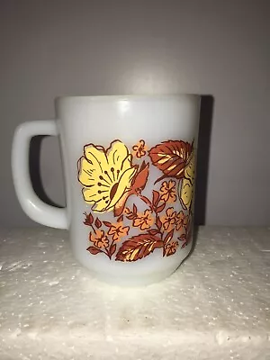 Rare Vintage Fire King Cup Coffee Cup D Handle Milk Glass Golden Floral Pattern  • $29.95
