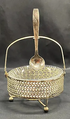 Vintage Condiment Caddy With Glass Bowl In Silver Toned Basket  2 Serving Spoons • $12.79