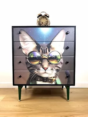 Upcycled Retro Midcentury Meredew 4 Drawer Chest With Steampunk Cat Design • £495