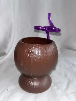 Krazy Straw Coconut Novelty Tiki Party Cup With Purple Straw Discontinued D5 • £19.41