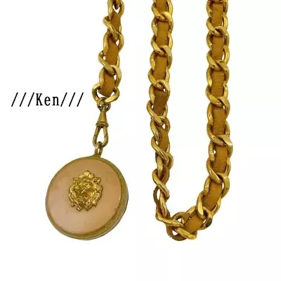 CHANEL BELT AUTH Coco Chain CC Rare Gold Logo Vintage Necklace Leather Lion 80cm • £471.44