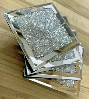 Silver Bling Crushed Diamond Elegant Stunning Set Of 4 Mirror Shine Coasters • £10.95