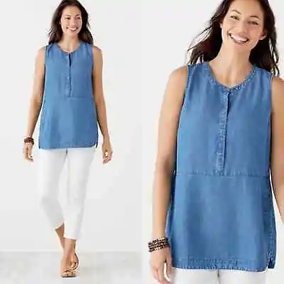 J Jill Tencel-Soft Linen Sleeveless Shirt Indigo Blue Waterfall Wash Size XS New • $15.99