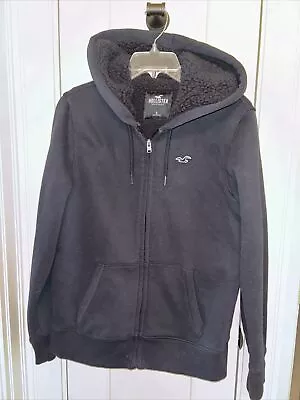Hollister Jacket Hoodie Mens Small Black Sherpa Fleece Lined Full Zip Sweatshirt • $22.99
