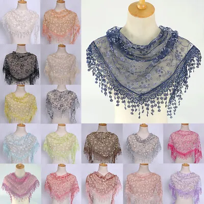 New Flower Women Lace Scarf With Tassels Shawls Neck Triangle Scarves Head Wraps • £4.26