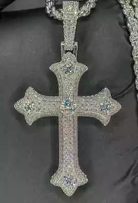 3Ct Round Cut Real Moissanite Cross Pendant 14K White Gold Plated Free Chain • $124.73