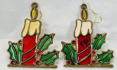 2 - VTG Stained Glass Plastic Christmas Candles Holly Berries Window Sun-catcher • $15.97