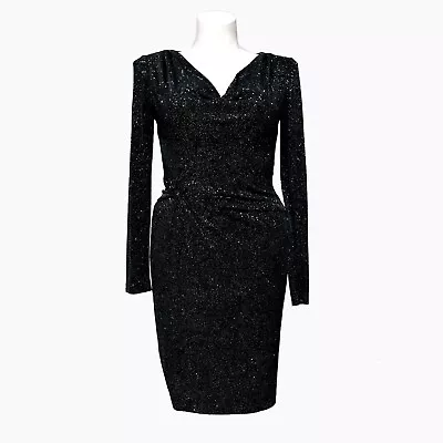 Cache Sparkle Cocktail Dress Large Midi Black Vintage Y2K LBD Ruched Slinky Sexy • $65