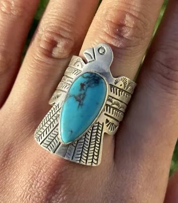 Navajo Sterling Silver Blue Turquoise Thunderbird Ring Russell Sam Gift Size 9.5 • $198