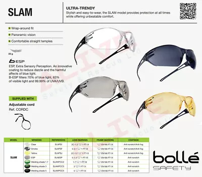 Bolle SLAM Safety Glasses Anti-fog Anti-scratch Lens With Free Adjustable Cord • £7.19